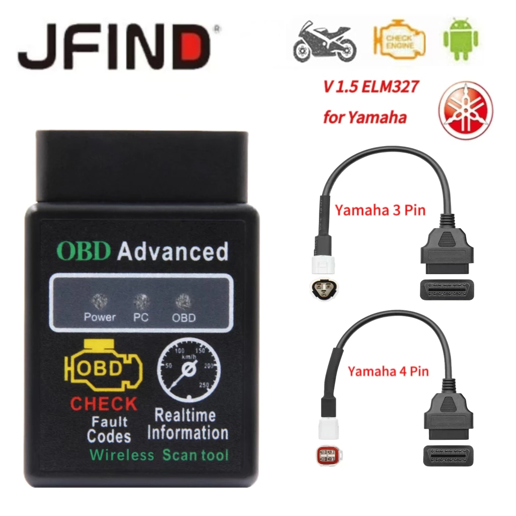 Elm327 OBD2 เครื่องสแกนเนอร์ V1.5 รถรถจักรยานยนต์ DTC Clear Fault รหัสสําหรับ Yamaha 3 Pin 4 Pin to 16 Pin มอเตอร์ขยายสายอะแดปเตอร์ ELM 327 เครื่องสแกนเนอร์เครื่องมือสําหรับ Android