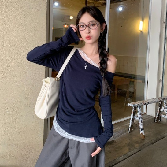 【WJZ】ผู้หญิงแฟชั่นการออกแบบเซ็กซี่ลูกไม้เย็บไหล่เอียงเสื้อยืดแขนยาวเข้ารูป 【6957】