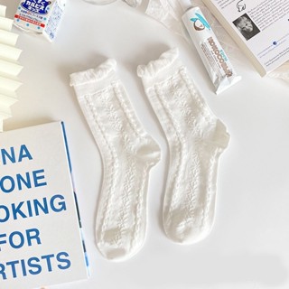 เทรนด์เกาหลีผู้หญิงถุงเท้ายาวปานกลางสีขาวน่ารักญี่ปุ่นลูกไม้…