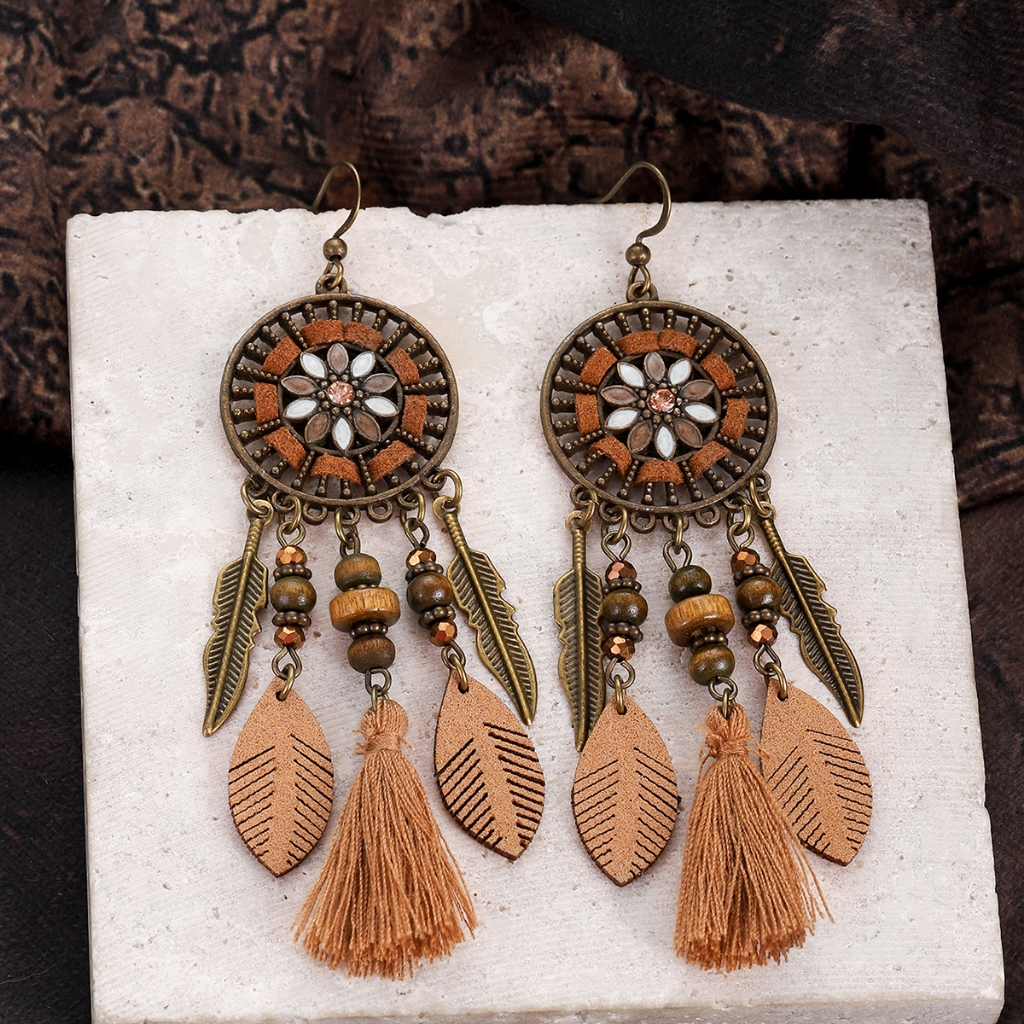 Vintage Bronze รอบดอกไม้ต่างหูผู้หญิง Bohemian Handmade ลูกปัดไม้ Leaf ต่างหูพู่ชาติพันธุ์ Femme เครื่องประดับ