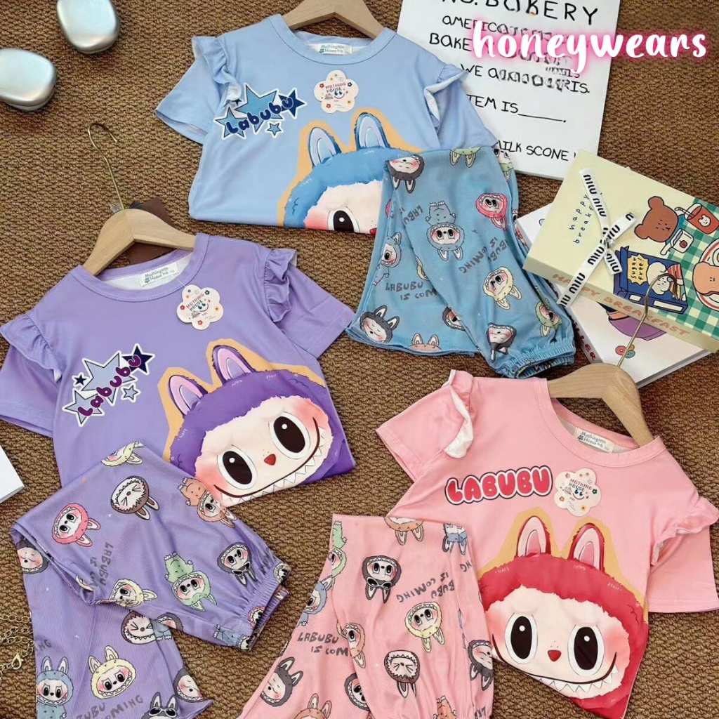 honeywears พร้อมส่ง ชุดเด็กแขนสั้น กางเกงขายาวลำลอง เซตลูกสาว 2ชิ้น ผ้านิ่มๆ งานสกรีนลายน่ารัก ฤดูร้อน ไซส์ 110-150