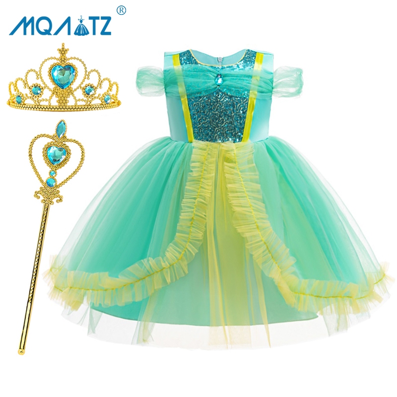 Mqatz สีเขียวชุดคอสเพลย์สําหรับสาววันเกิดลูกไม้ชุดเจ้าหญิงแขนกุดพรรคเครื่องแต่งกาย 3-10 ปี BX1776