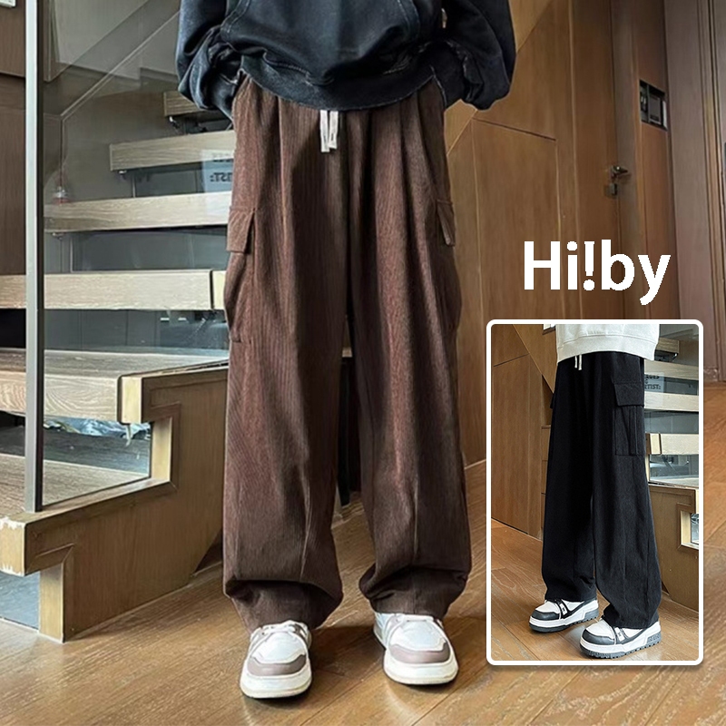 Hi!by ลูกฟูก Corduroy Relax Fit Carpenter Pants สไตล์อเมริกัน กางเกงคาร์โก้ สีน้ําตาล สไตล์เกาหลี เนื้อผ้าดี สีดำ ใส่สบาย เอวยางยืด กางเกงผู้ชาย