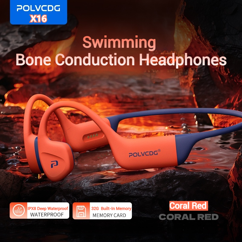 Polvcdg-x16 IPX8 กันน้ํา Bone Conduction ว่ายน้ําชุดหูฟังซิลิโคนเหลว 32G หน่วยความจําบลูทูธ 5.4 ชุดหูฟังกีฬาพร้อมไมโครโฟน