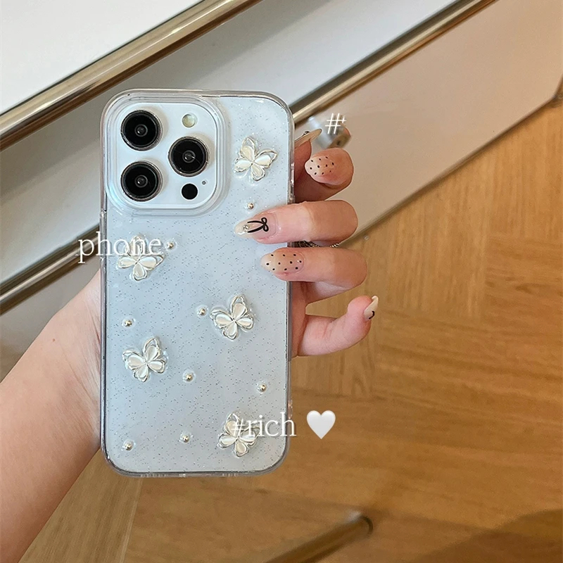 หรูหรา Cat Eye ผีเสื้อ Glitter เคสโทรศัพท์สําหรับ iphone 16 Pro Max 15 14 13 12 Pro Max 11 สไตล์สาวเกาหลี Clear Shell อีพ็อกซี่นุ่ม