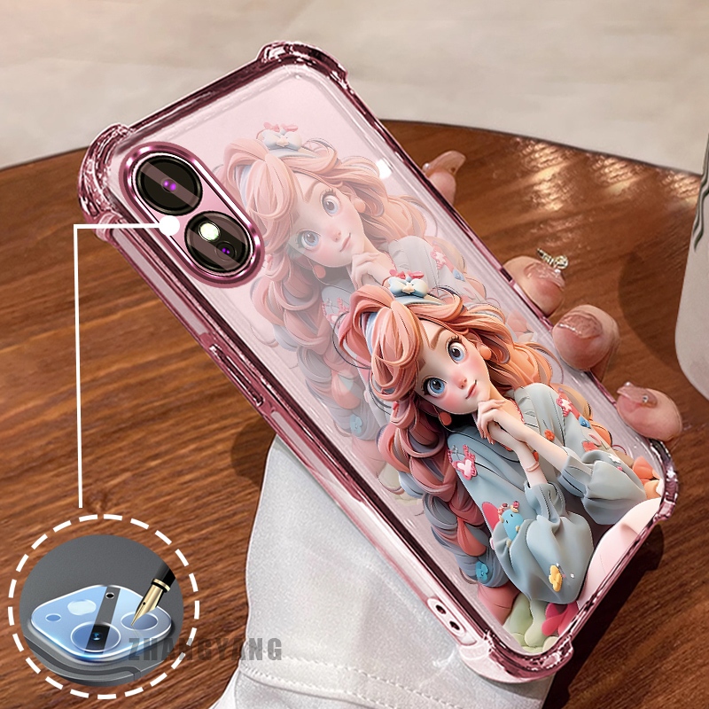 สําหรับ OPPO A18 A38 A17 A17K A60 สี่มุมเคลือบด้วยไฟฟ้า anti drop เคสโทรศัพท์ความงามสาวการ์ตูนรูปแบบ TPU soft case