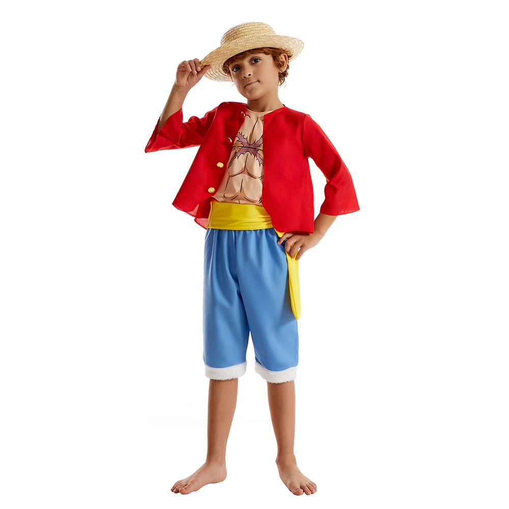 อะนิเมะ One Piece Monkey D. ชุดแต่งกายลูฟี่สําหรับเด็กพร้อมหมวกฟางชุดคอสเพลย์สําหรับงานปาร์ตี้เวที