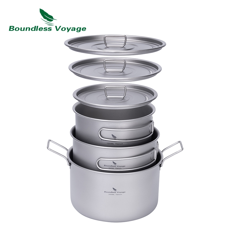 Boundless Voyage หม้อไทเทเนียม 1.2L 1.8L 2.4L Camping ชุดทําอาหาร Backpacking หม้อสําหรับเดินป่าเดินป่าปิคนิค Ti2106C-Ti2109C