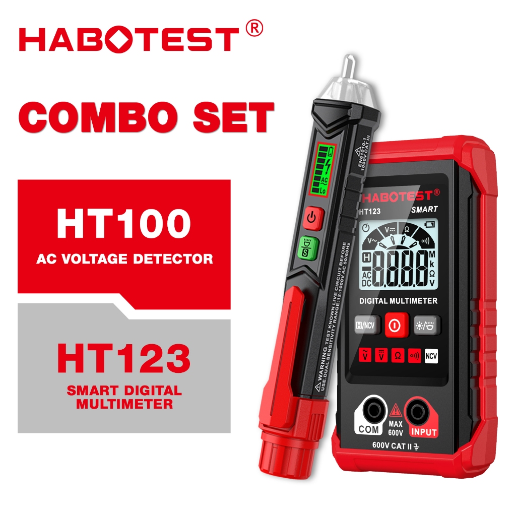 Habotest HT123+HT100 มัลติมิเตอร์แบบดิจิตอล DC/AC อัจฉริยะความต้านทานมัลติมิเตอร์การตรวจจับต่อเนื่องปากกาทดสอบแรงดันไฟฟ้า 12V-1000V/48V-1000V เครื่องตรวจจับแบบไม่สัมผัส
