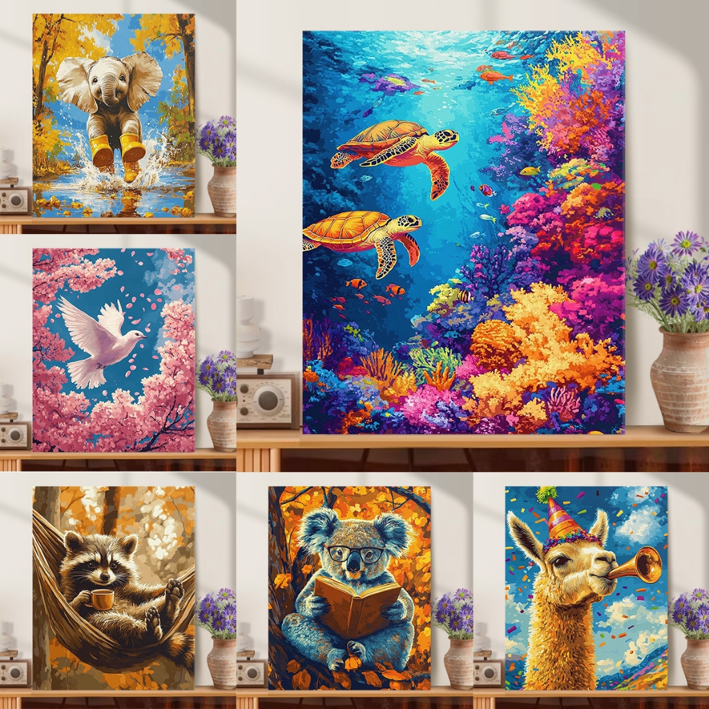 ลอยไป ระบายสีตามตัวเลขสัตว์ปาร์ตี้ผ้าใบจิตรกรรมโดยตัวเลขภาพสีน้ํามันดิจิตอลโดยตัวเลขตกแต่งบ้าน