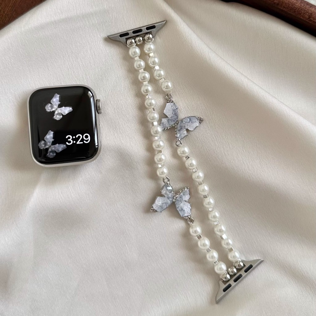Creative Butterfly Pearl สายโซ่สําหรับ iwatch serie 9 8 7 6 5 SE 4 3 2 1 แฟชั่น handmade ออกแบบสายรัดข้อมือสําหรับ iwatch 49 มม.44 มม.45 มม.42 มม.40 มม.38 มม.41 มม.