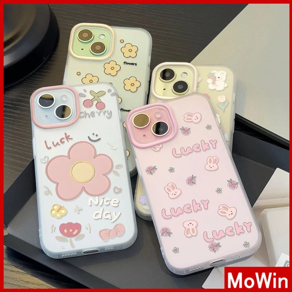 Movin - เคสใส iPhone16 11 Pro Max iPhone เคส TPU นิ่มป้องกันรอยนิ้วมือแบบด้าน สีสันน่ารักดอกไม้และกระต่าย Compatible With iPhone15 14 13 12 Pro max XS XR 7 8 Plus