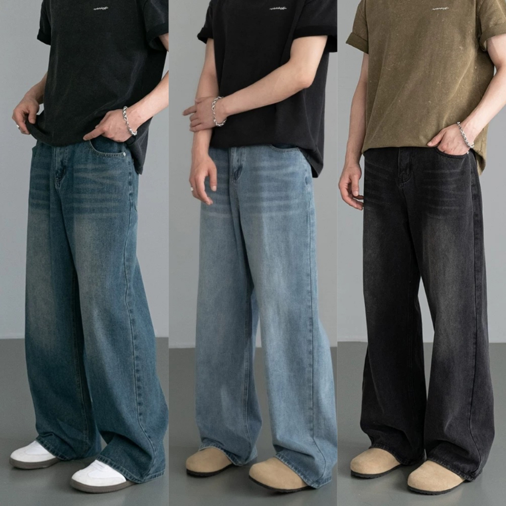 แฟชั่นกางเกงยีนส์ผู้ชาย ขากระบอกใหญ่ สีฟ้าย้อนยุค สีฟ้าอ่อน สีน้ําเงินเข้ม สีน้ําเงินเข้ม สีฟ้าปานกลาง 10 สี