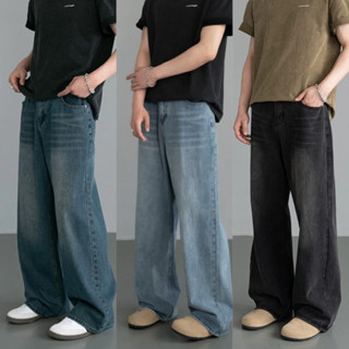 แฟชั่นกางเกงยีนส์ผู้ชาย ขากระบอกใหญ่ สีฟ้าย้อนยุค สีฟ้าอ่อน …