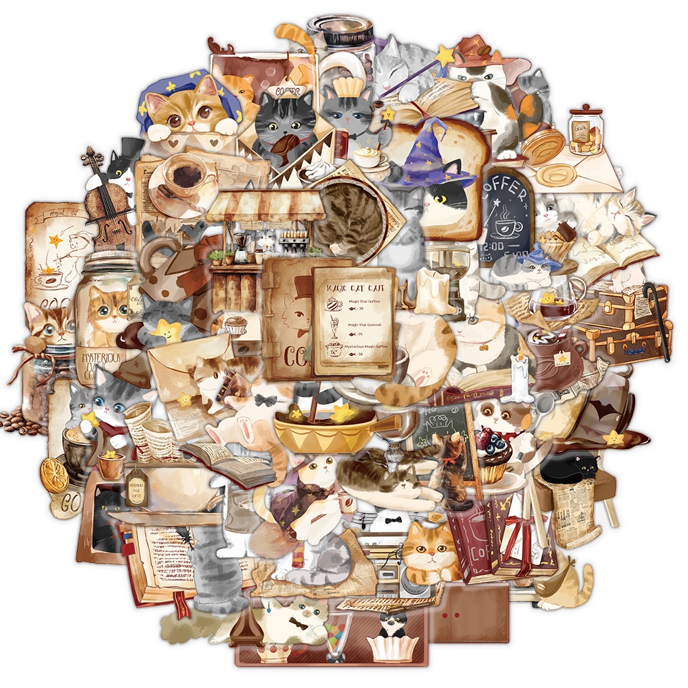 [สติกเกอร์ขนาดใหญ่] 50 ชิ้นการ์ตูน Magic Cat Cafe PET สติกเกอร์สําหรับแล็ปท็อปขวดน้ํากระเป๋าเดินทางโน้ตบุ๊คสติกเกอร์กันน้ํา