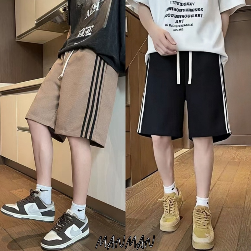 MANMAN กางเกงขาสั้นผู้ชาย ผ้าวาฟเฟิลด์ ลำลอง ขอบลาย แมทช์ลุคง่าย ชุดคู่รัก