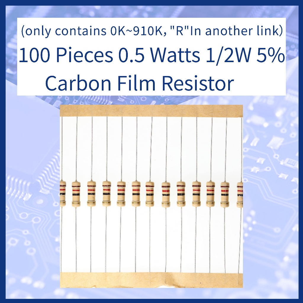 (มีทุกขนาด ลิงค์นี้มีเพียง 0K~910K,"R"ในอีกลิงค์) 100 ชิ้น ตัวต้านทาน 0.5 วัตต์ 1/2W 5% ตัวต้านทานฟิล์มคาร์บอน 620K 100K 75K 6K2 2K7 2K2 910K 680K 510K 360K 330K 3K 200