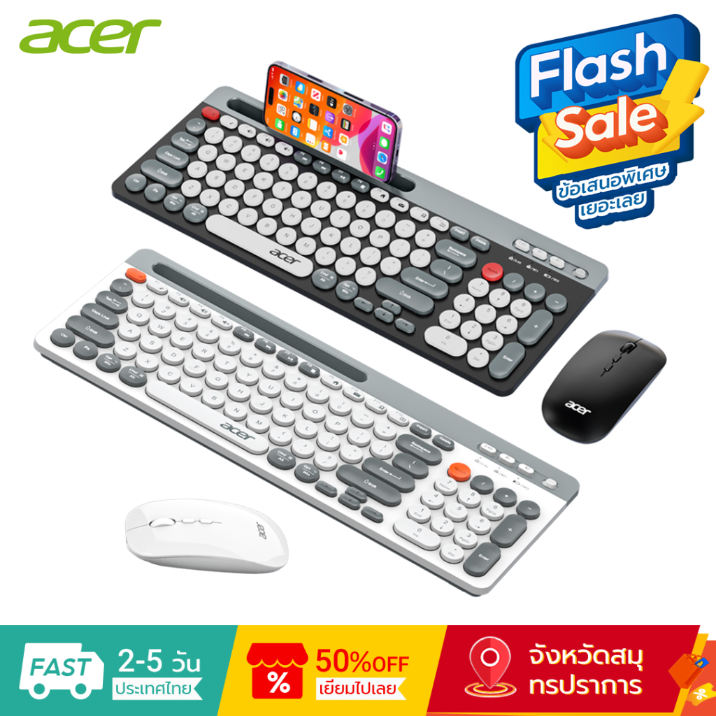 Acer ชุดเมาส์และคีย์บอร์ดไร้สายบลูทูธ พร้อมช่องเสียบการ์ด Type-C ชาร์จ 2.4G+BT5.0 สําหรับเล่นเกม สํา