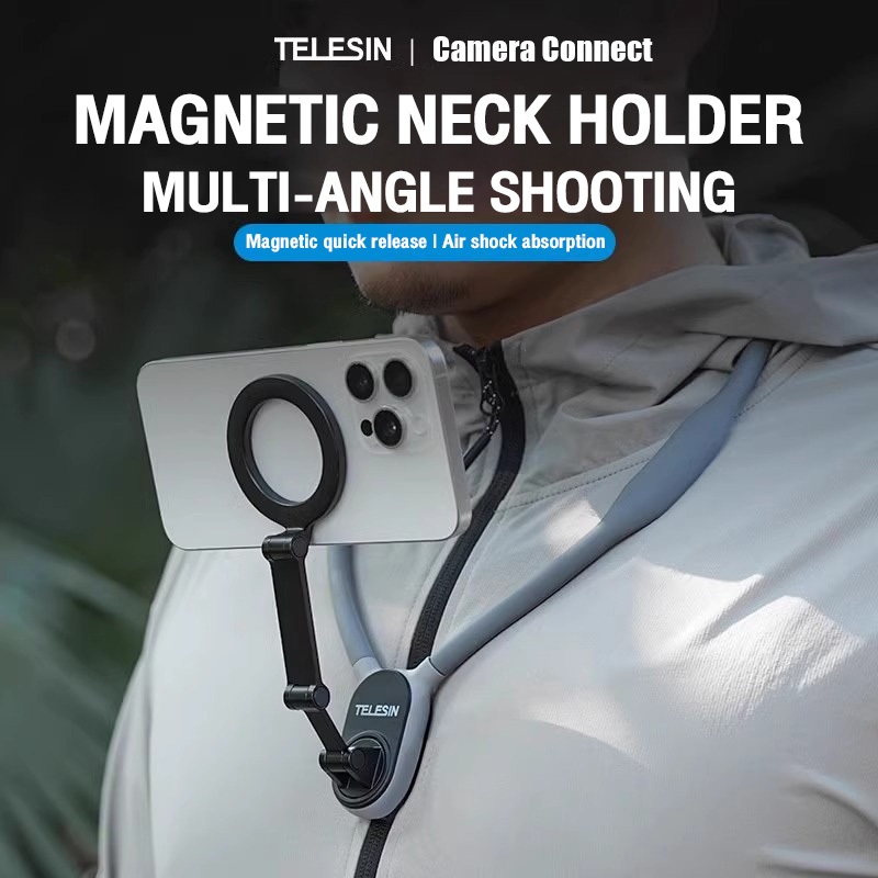 Telesin Mobile phone neck bracket วงเล็บแขวนคอ ที่วางโทรศัพท์มือถือ แบบคล้องคอ พร้อมที่วางโทรศัพท์ แบบแม่เหล็ก ปลดเร็ว ปรับได้หลายมุม พร้อมสายคล้อง และแหวนโลหะ สําหรับ iPhone 15 14 13 12 Android Smar