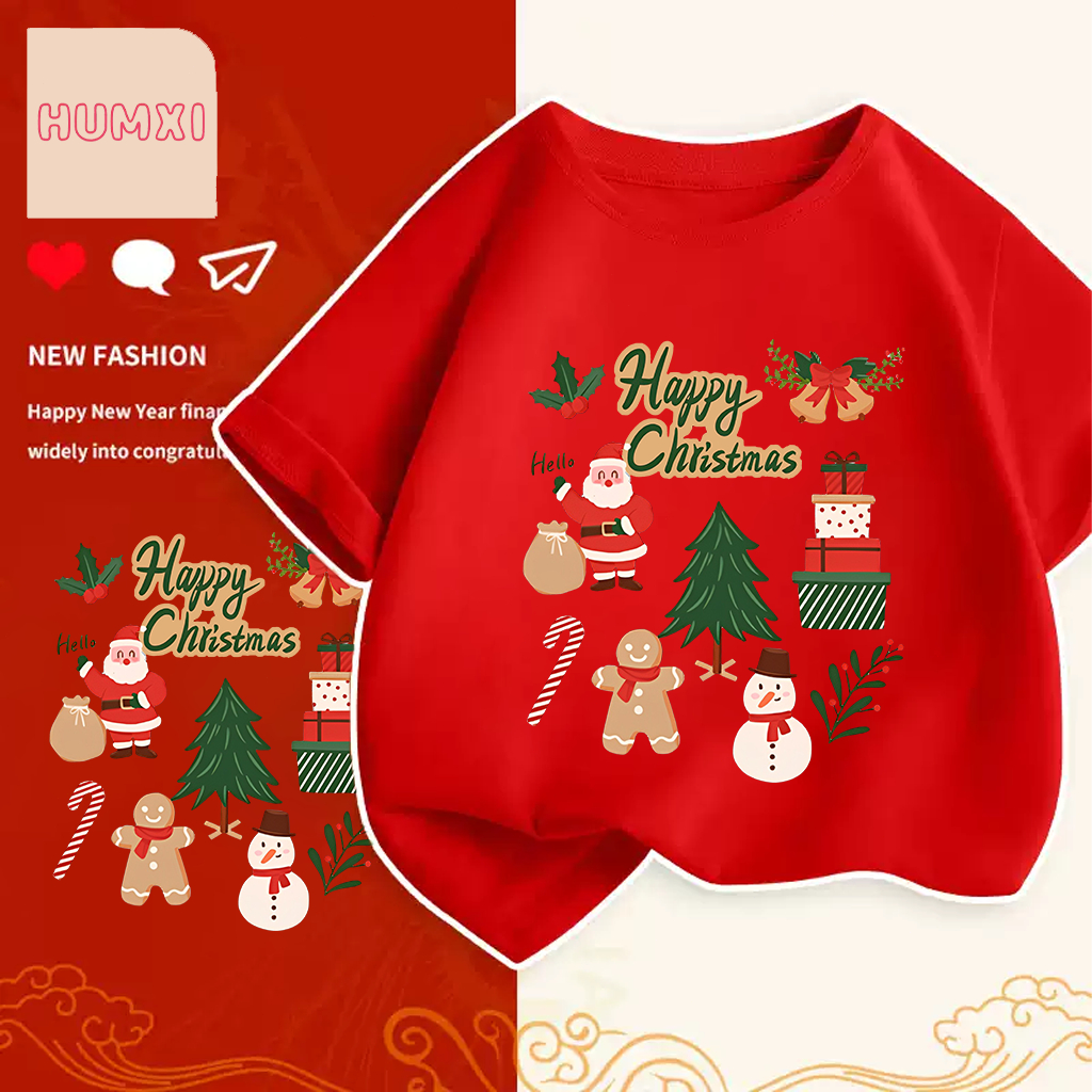 เสื้อคริสมาสต์ Happy New Year & Merry Christmas ลายน่ารักๆ ผ้า Cotton ใส่สบาย สีสันสดใส ขนาด S-5XL 100-150cm