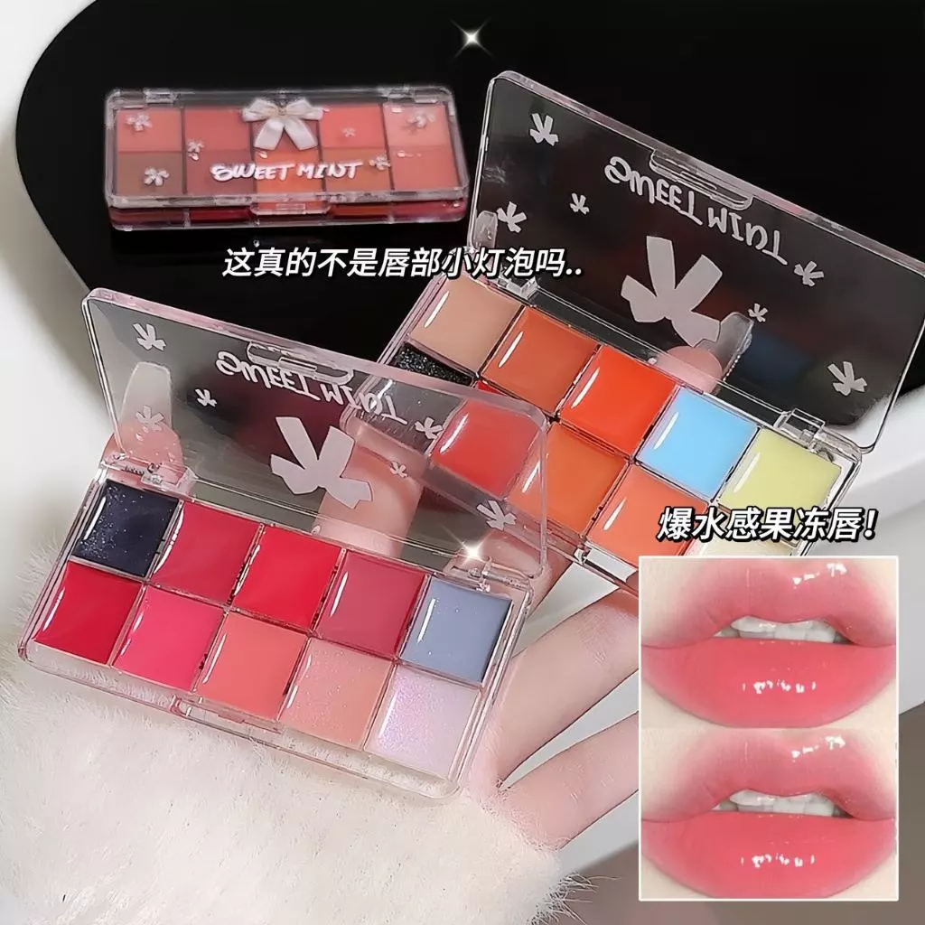 Sweet MINT 10 สีลิปสติก Palette สาวแก้วริมฝีปากแต่งหน้า Moisturizing Non Stick ถ้วยน้ํา Glossy ลิปสติกแผ่นเครื่องสําอาง