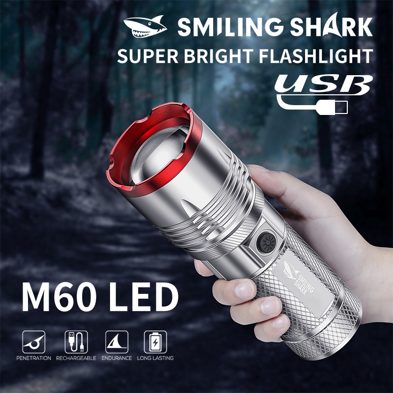 SmilingShark SD8100 ไฟฉาย led ทรงพลัง ซุปเปอร์ไบรท์ M60 6000lm คบเพลิง ซูมได้ 5โหมด Type-C ชาร์จใหม่ได้ พร้อมไฟแสดงสถานะแบตเตอรี่ กันน้ำสำหรับตั้งแคมป์เดินป่าในครัวเรือน