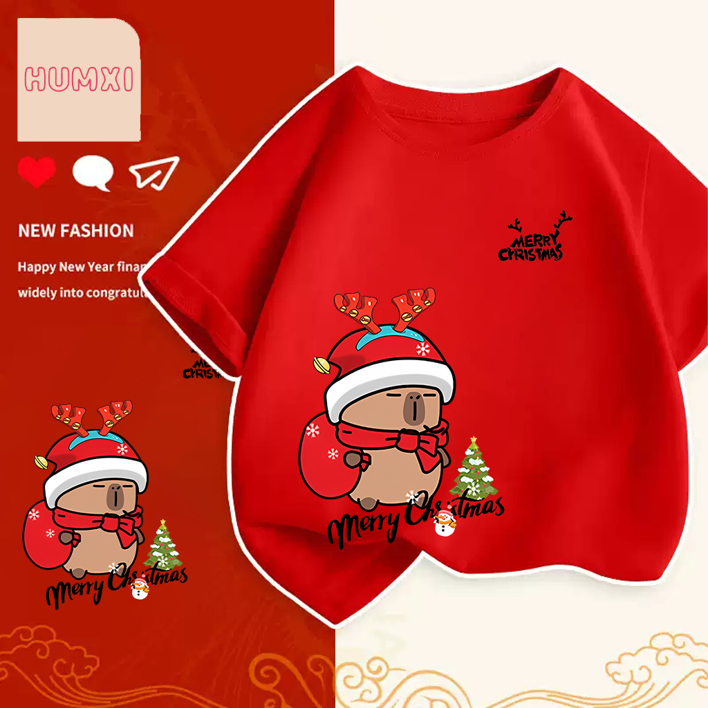 เสื้อคริสมาสต์ Happy New Year & Merry Christmas x Capybara ลายน่ารักๆ ผ้า Cotton ใส่สบาย สีสันสดใส ขนาด S-5XL 100-150cm