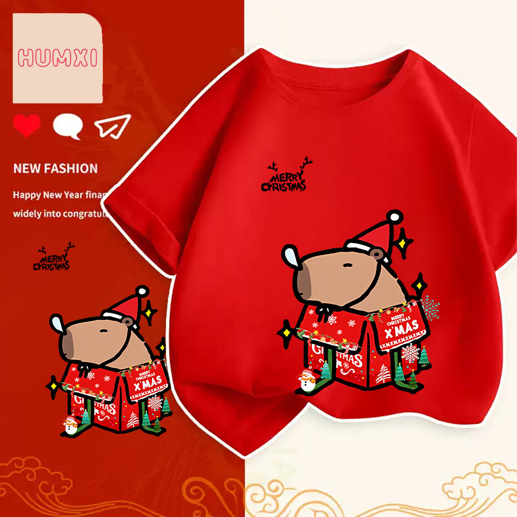 เสื้อคริสมาสต์ Happy New Year & Merry Christmas x Capybara ลายน่ารักๆ ผ้า Cotton ใส่สบาย สีสันสดใส ขนาด S-5XL 100-150cm