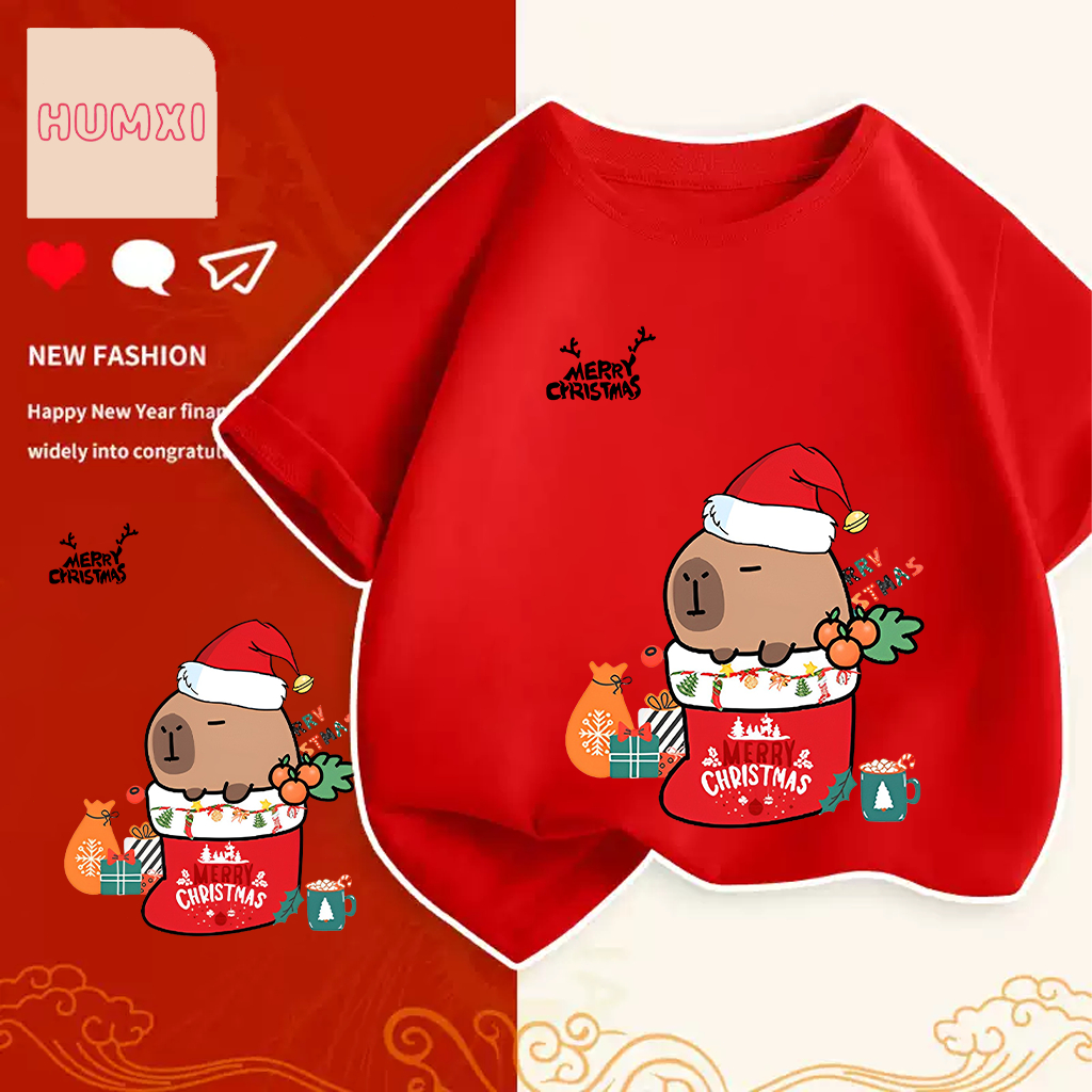 เสื้อคริสมาสต์ Happy New Year & Merry Christmas x Capybara ลายน่ารักๆ ผ้า Cotton ใส่สบาย สีสันสดใส ขนาด S-5XL 100-150cm