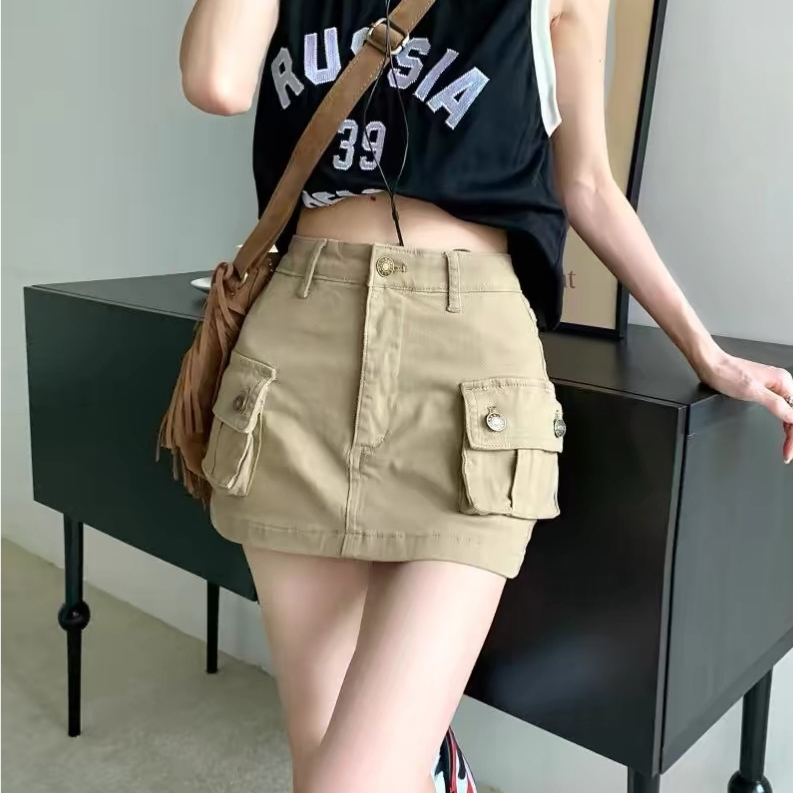 S-6XL กระโปรงสั้นผ้ายีนส์แต่งกระเป๋า2ข้างทรงy2k ดีเมลสายเข็มขัดสวยเท่จับแมทซ์ได้ทุกลุคสวยปังหมด