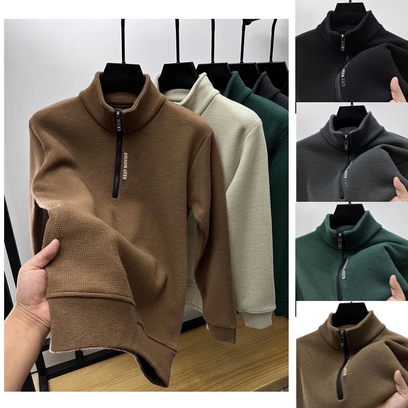 【M-4XL】Available in multiple colors ผู้ชายแขนยาวยืนคอปกครึ่งดึงหนาหลวมเย็บปักถักร้อยด้วยตัวอักษรสำหร