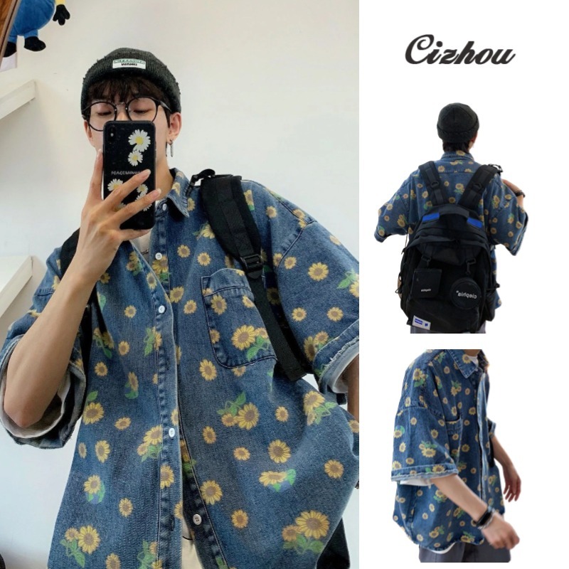 เสื้อเชิ้ตผู้ชาย เสื้อยืดแขนสั้น พิมพ์ลายดอกเดซี่ ทรงหลวม สไตล์ฮ่องกง เรโทร สําหรับผู้ชาย