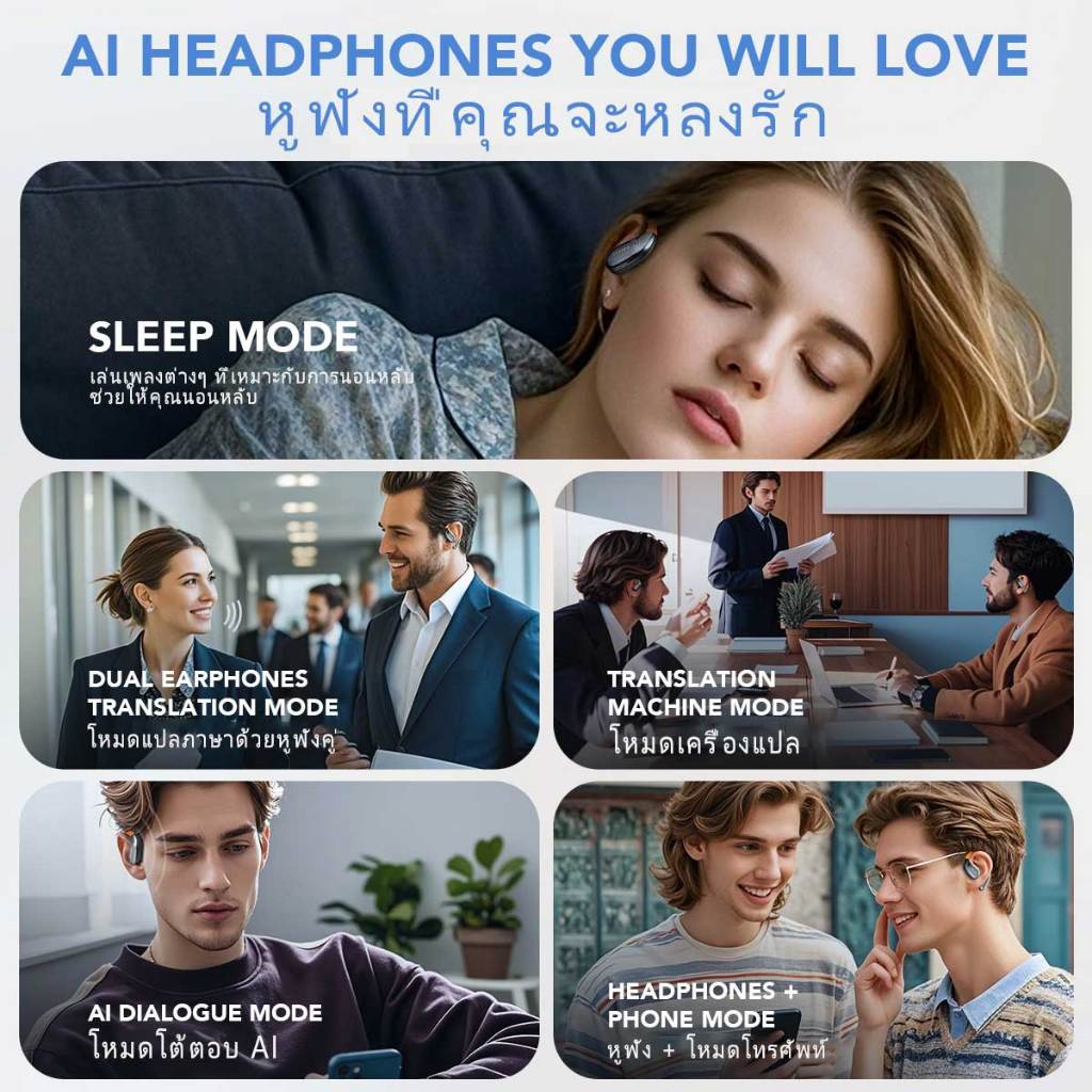 Lenovo ERAZER XF31 Al หูฟังอัจฉริยะ Real-Time หูฟังบลูทูธ หูฟัง ชุดหูฟังบลูทูธ 5.4 พร้อม LED หน้าจอสัมผัส หูฟังธุรกิจ พร้อมไมโครโฟนกันน้ำ IPX5