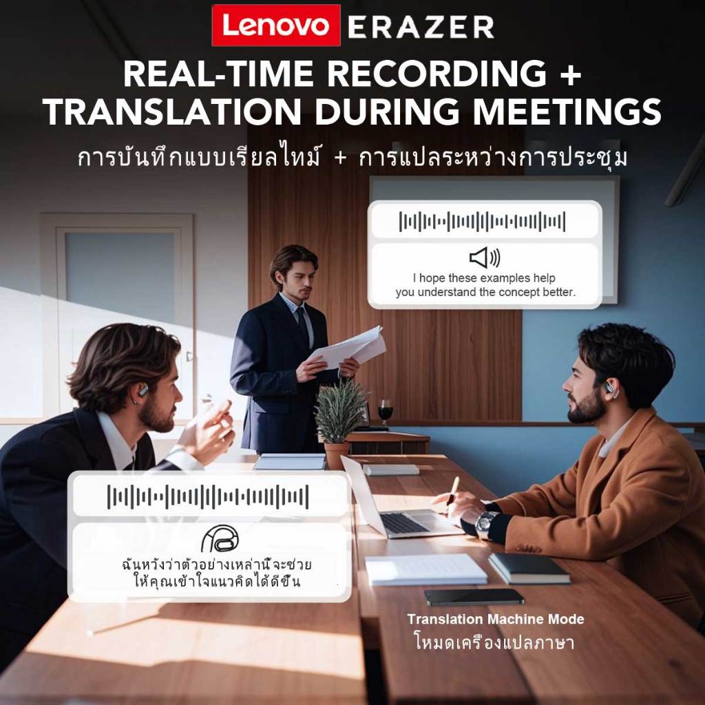 Lenovo ERAZER XF31 Al หูฟังอัจฉริยะ Real-Time หูฟังบลูทูธ หูฟัง ชุดหูฟังบลูทูธ 5.4 พร้อม LED หน้าจอสัมผัส หูฟังธุรกิจ พร้อมไมโครโฟนกันน้ำ IPX5