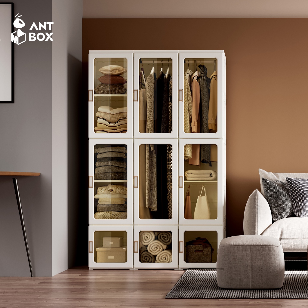 ANTBOX [พร้อมส่ง!!] ตู้เสื้อผ้า 6-15 ช่อง 1-3 แขวน ติดตั้งง่าย ประตูใสโปร่งแสงมองเห็นด้านในได้ เหมาะกับการแต่งห้องทุกสไตล์ สไตล์โมเดิร์น