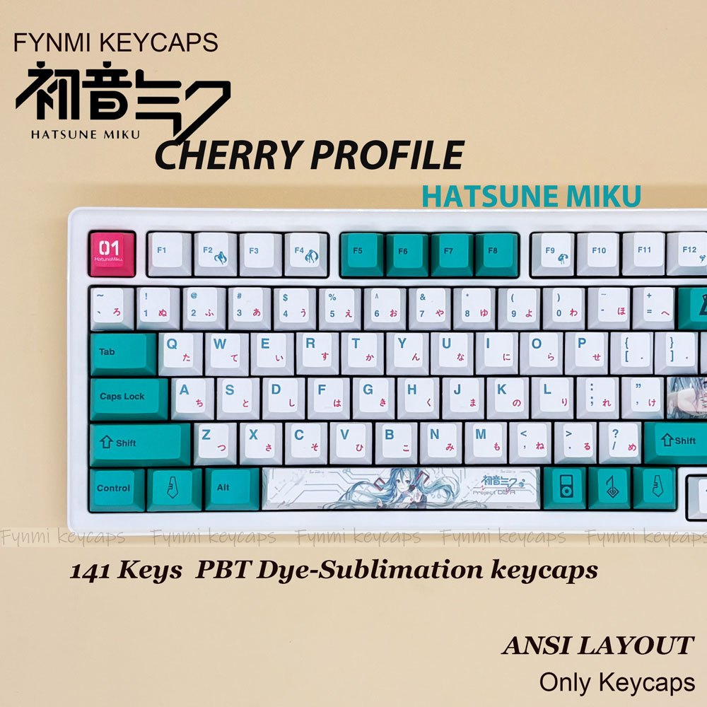Miiow HATSUNE MIKU 141 ชิ้นคีย์ ANSI Cherry PBT Dye Sublimation Keycaps สําหรับคีย์บอร์ดแบบกลไก