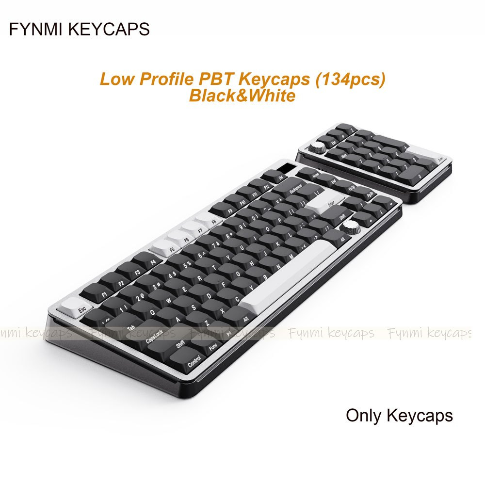 Fynmi Low Profile Keycaps สีขาว-สีดําพิมพ์ด้านข้าง 134 คีย์ PBT Dye-Sublimation ANSI Keycaps