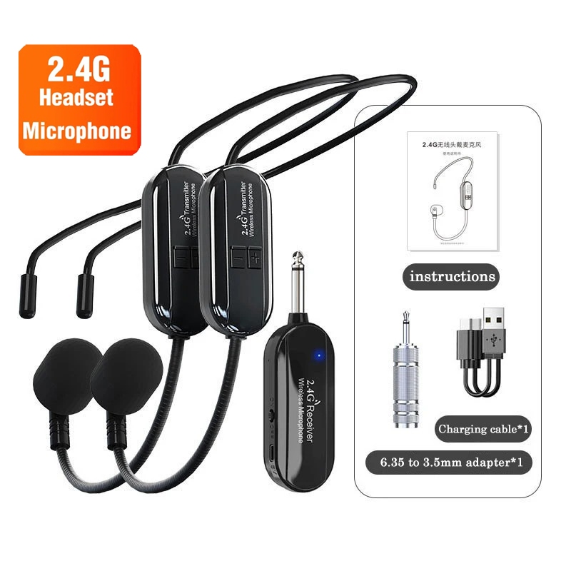 ไมโครโฟนไร้สาย 2.4ก การสอนเครื่องขยายเสียงไมโครโฟนเฮดแวร์ตัวรับสัญญาณเหมาะสําหรับลําโพง/คู่มือการท่องเที่ยว/โค้ชฟิตเนส