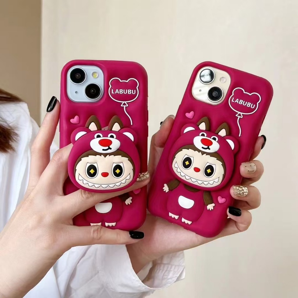 ซิลิโคนสตรอเบอร์รี่หมีขาตั้ง labu เคส iPhone สําหรับ iPhone 16 ProMax 15 ProMax 15Plus 13 12 11 14 กรณี