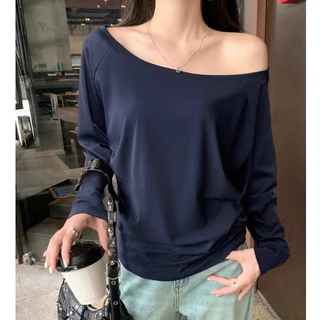 【WJZ】เสื้อยืดแขนยาวสีทึบแฟชั่นเซ็กซี่ของผู้หญิง【6958】