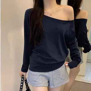 【WJZ】เสื้อยืดแขนยาวสีทึบแฟชั่นเซ็กซี่ของผู้หญิง【6958】