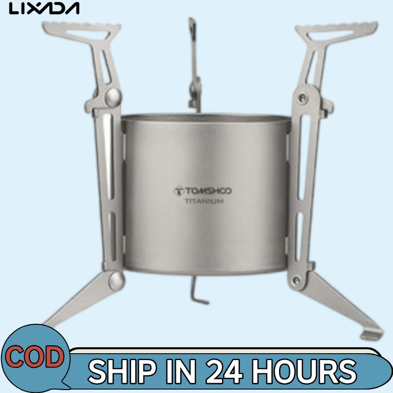 LIXADA [ลิดา ห้างสรรพสินค้า] เตาแอลกอฮอล์ไทเทเนียมพร้อมขาและหม้อพับได้รองรับสําหรับตั้งแคมป์เดินป่าแบกเป้เตาทําอาหารกลางแจ้ง