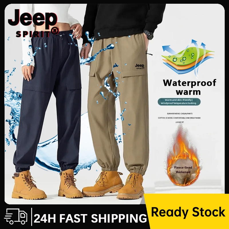 Jeep SPIRIT กางเกงฤดูหนาวกันน้ํากางเกงกํามะหยี่หนาผู้ชายและผู้หญิงตุ๊กตากันลมและกางเกงอุ่นหนา (S-5XL)