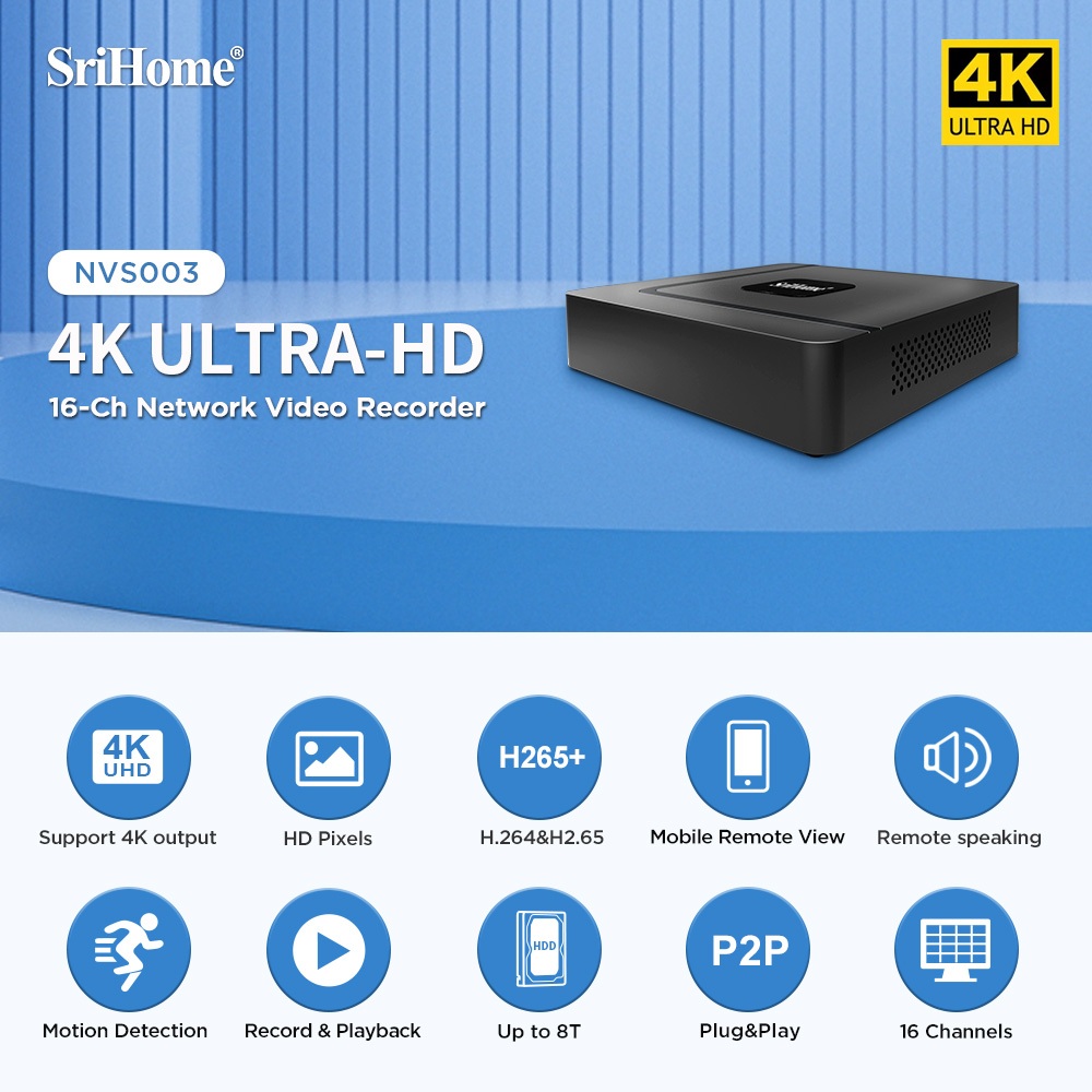 Srichhome NVS003 16CH 4K UHD POE NVR H.265 เครื่องบันทึกวิดีโอเครือข่ายป้องกันความปลอดภัยการเฝ้าระวั