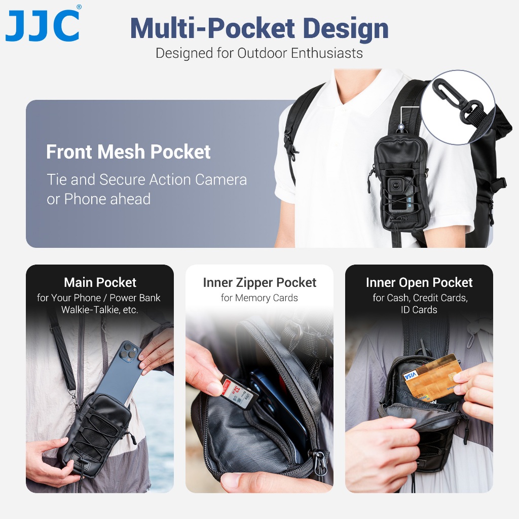 JJC กระเป๋า Outdoor Travel อเนกประสงค์กระเป๋ากันน้ำกระเป๋าพร้อมสายคล้องไหล่สำหรับสมาร์ทโฟน DJI Insta360 Camera กล้องแอคชั่นแคมเมรา waterproof Phone Case Bag Airtag SD Card การ์ดความจำอุปกรณ์เสริมกลางแจ้ง