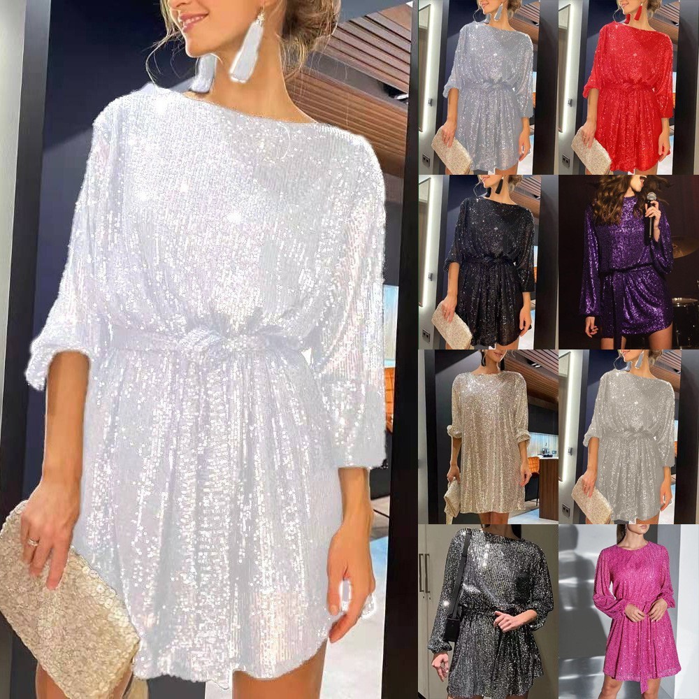 Glitter Sequined Dress 2025 ฤดูใบไม้ผลิผู้หญิงแขนยาว Slash คอหลวมเซ็กซี่ Party Sparkly Mini ชุดค็อกเทล