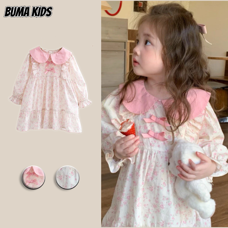 Buma KIDS ชุดเดรสคอปกพับฝรั่งเศส ชุดเดรสดอกไม้เด็ก