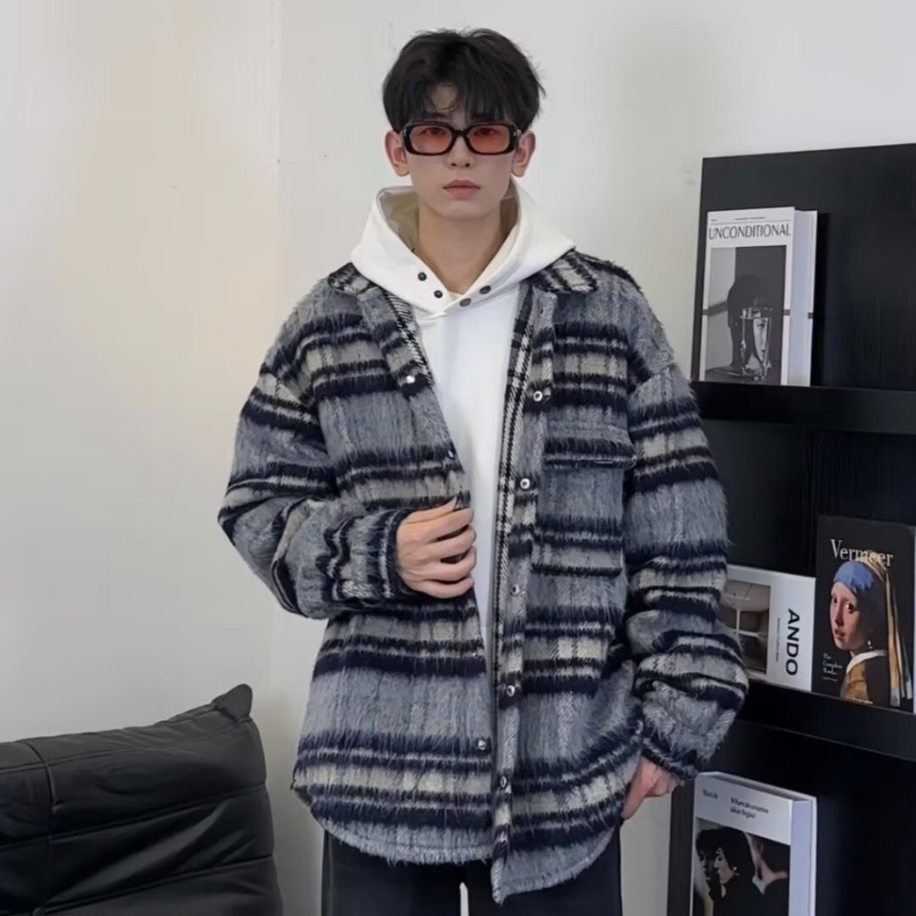 Xiaoxiang สไตล์แจ็คเก็ตทําด้วยผ้าขนสัตว์ผู้ชายสีกากีสีฟ้า M-2XL ฤดูใบไม้ผลิฤดูใบไม้ร่วงอเมริกันย้อนย