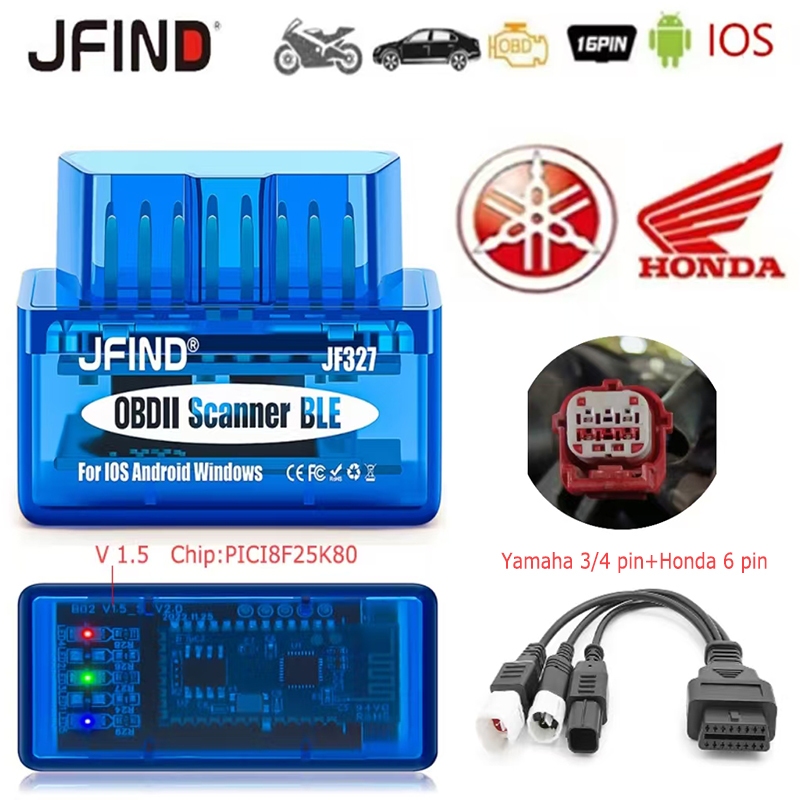 Jfind JF327 OBD2 ELM327 เครื่องสแกนเนอร์บลูทูธ 5.1 อ่านลบโค้ดไฟเตือน สําหรับ Yamaha Honda มอเตอร์ไซค์ อะแดปเตอร์สายต่อ 3/4/6-16 พิน