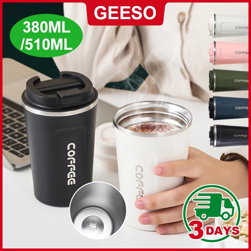 GEESO แก้วกาแฟพกพา สแตนเลสแบบพกพา น้ำสแตนเลส ร้อนพร้อมฝา กระติกน้ำสแตนเลส เก็บอุณหภูมิ แก้วกาแฟ Portable Coffee Mug SUS304 Stainless Steel